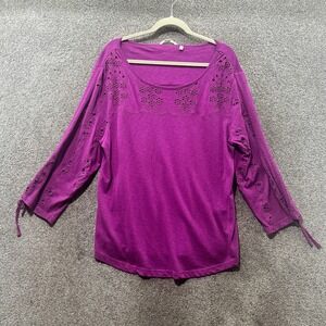 Soft‎ Surroundings Blouse Top Women XL Purple Embroidered Eyelet 3/4 Sleeve